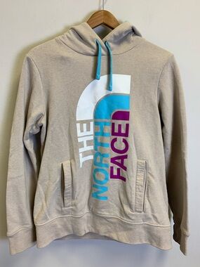 The North Face Beige Hoodie with Teal & Purple Logo
